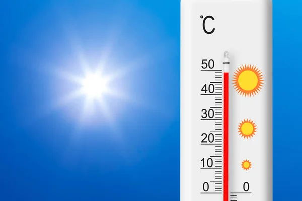 Celsius Scale Thermometer Shows Degrees Yellow Sun Blue Sky Summer — Zdjęcie stockowe
