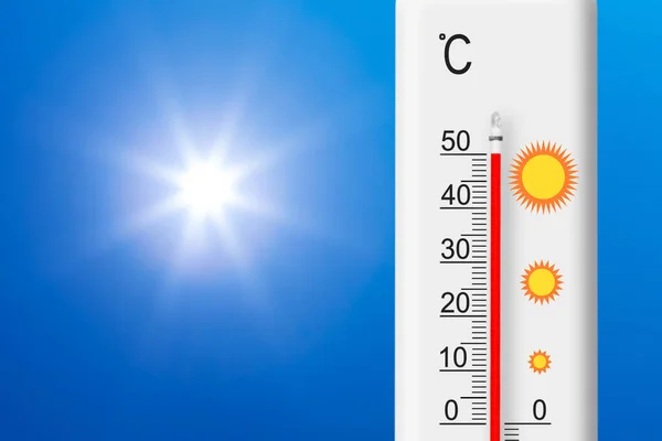 Celsius Scale Thermometer Shows Degrees Yellow Sun Blue Sky Summer — 图库照片