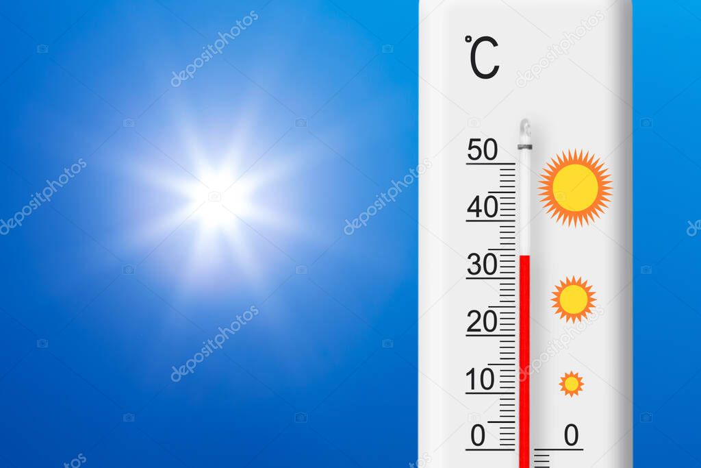 Celsius scale thermometer shows plus 34 degrees . Yellow sun in blue sky. Summer heat