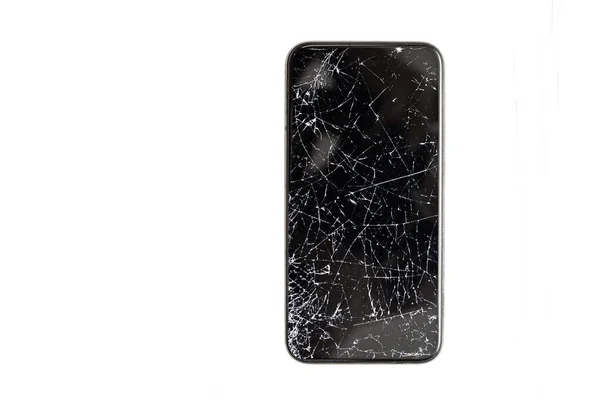 Black Broken Touch Screen Phone Cracked Screen Isolated White Background — Stockfoto