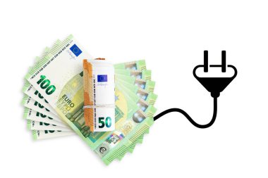 Euro banknotes on a white background. Energy crisis and expensive electricity, gas price. Big heating, gas and electricity bill