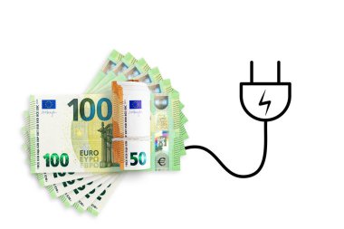 Euro banknotes on a white background. Energy crisis and expensive electricity, gas price. Big heating, gas and electricity bill