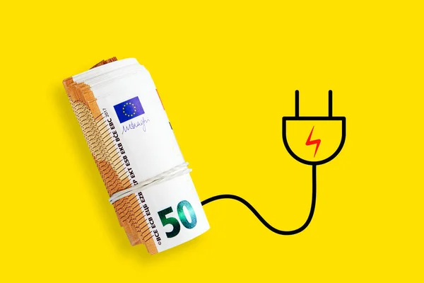 Euro Banknotes Yellow Background Energy Crisis Expensive Electricity Gas Price — ストック写真