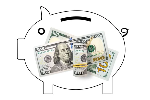 One Hundred Dollars Notes White Background Piggy Bank 100 Dollars — Stock Photo, Image