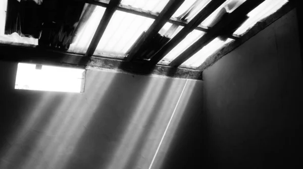 Abstract Black White Photo Light Ray Coming Transparent Roof — Stock Photo, Image