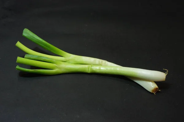 Foto Cebola Verde Fresca Isolada Preto — Fotografia de Stock