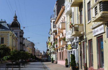 Taş kaldırımlı ve antik binalı bir cadde. 