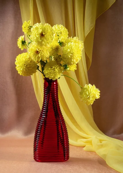 Bouquet Yellow Dahlias Red Glass Vase Table Calmness — Photo