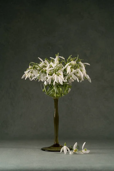 White Bouquet Snowdrops Green Glass Spring Mood — Foto de Stock