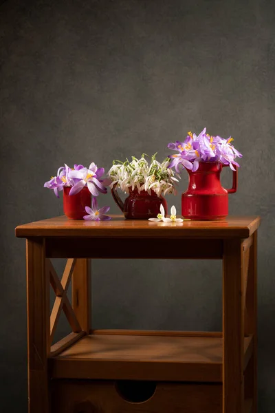 Bouquets Crocuses Snowdrops Clay Vases Wooden Table Peace Tranquility — Stok fotoğraf