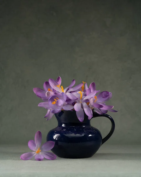 Bouquet Crocuses Blue Earthenware Jug Table Comfort Tranquility — Foto de Stock