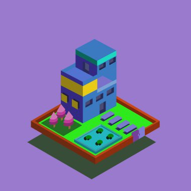 Isometric 3d özel ev, Mimari gayrimenkul, mülk ve ev, vektör illüstrasyonunda ağaçlar ve bahçe manzarası