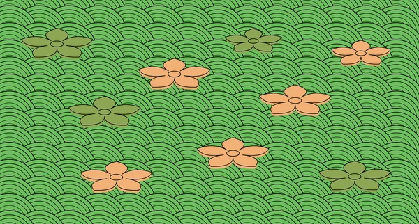 波シームレスなパターンと花 中国スタイルのシームレスなパターン 緑の東洋の背景 — ストックベクタ