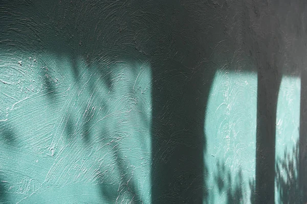要旨緑のコンクリート壁の背景と質感の影の葉 ブラッシングパターンを持つ緑のセメントロフト壁 — ストック写真