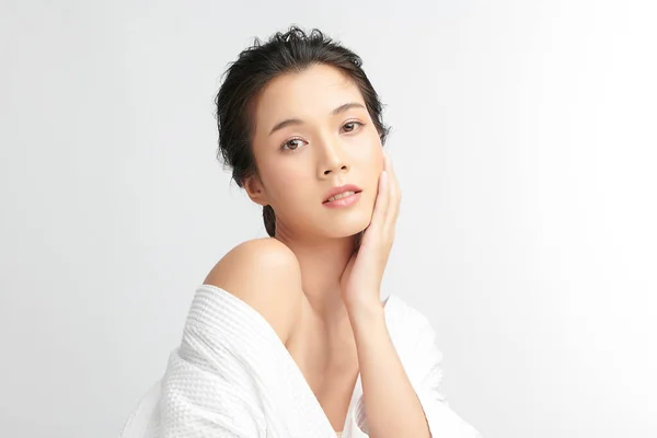 Beautiful Young Asian Woman Wearing Bathrobe White Background Face Care — Stock Photo, Image