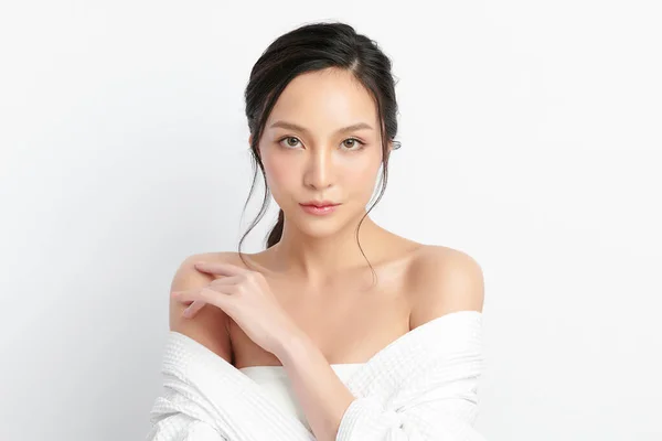 Beautiful Young Asian Woman Wearing Bathrobe White Background Face Care — Stock Photo, Image