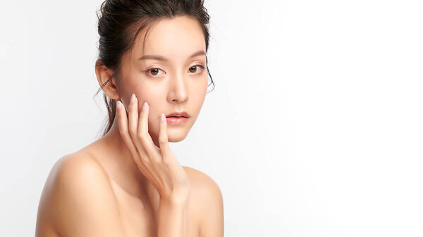 Beautiful Young Asian Woman Clean Fresh Skin White Background Face Stock Photo