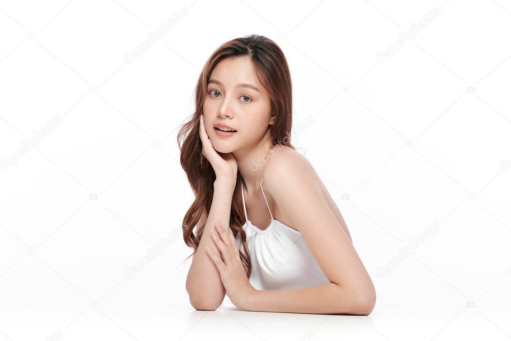 Beautiful young asian woman with clean fresh skin on white background, Face care, Facial treatment, Cosmetology, beauty and spa, Asian women portrait.