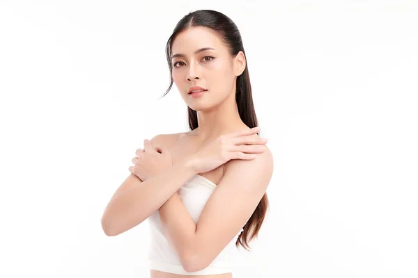 Schöne Junge Asiatische Frau Mit Sauberer Frischer Haut Auf Weißem — Stockfoto