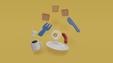 3D Hazırlama konsepti: Bir kahve, yumurta, sosis, pastırma, tereyağı, arka planda ekmek