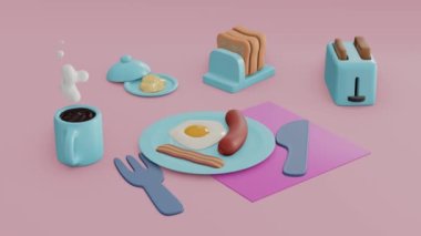 3D Hazırlama konsepti: Bir kahve, yumurta, sosis, pastırma, tereyağı, arka planda ekmek