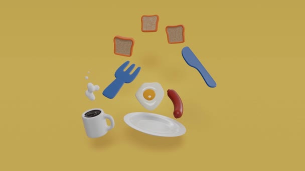 食品の3Dレンダリングの概念 背景にコーヒー ソーセージ ベーコン バター パンの3Dレンダリング — ストック動画