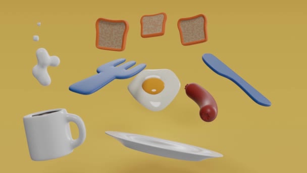Rendering Koncepcja Żywności Renderowania Kawy Jajko Kiełbasa Bekon Masło Chleb — Wideo stockowe