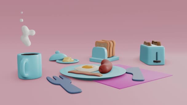 食品の3Dレンダリングの概念 背景にコーヒー ソーセージ ベーコン バター パンの3Dレンダリング — ストック動画