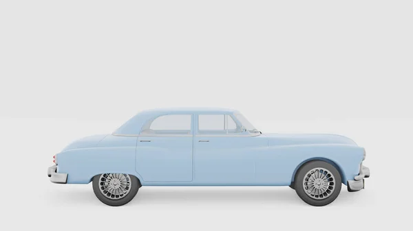 Monochroom Minimalistisch Concept Zijaanzicht Oude Vintage Blauwe Auto Drijft Witte — Stockfoto