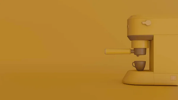 コーヒーメーカーの漫画のレンダリング スタジオ黄色の背景に隔離されたコーヒーマシンの最小限のスタイルのイラスト 平面3Dレンダリング — ストック写真
