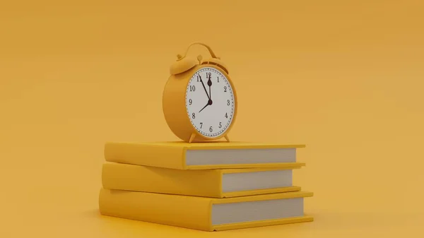 Yellow Monochromatic Clock Books Minimal Style Cartoon Illustration Isolated Rendering — стоковое фото