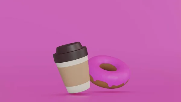 American Breakfast Concept Food Cup Coffee Doughnut Pink Background Minimal — стокове фото