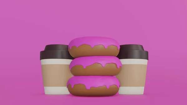 Amerykańska Koncepcja Śniadaniowa Jedzenia Filiżanka Kawy Pączkiem Różowym Tle Minimalny — Zdjęcie stockowe