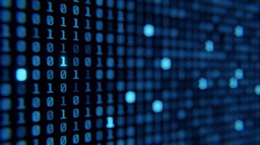 Ekran dijital bilgisayar numaralarını kapat. Bilgisayar ekran döngüsü üzerinde mavi dijital ikili veri. 3d hazırlayıcı