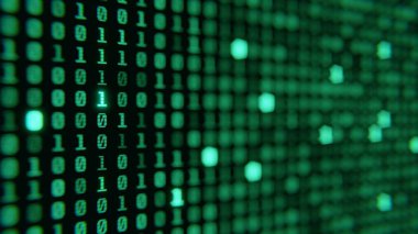 Ekran dijital bilgisayar numaralarını kapat. Bilgisayar ekran döngüsü üzerinde yeşil dijital ikili veri. 3d hazırlayıcı