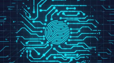 Güvenlik sistemine erişim için 3D render parmak izi taraması internet bankacılığı, bulutlar ve cep telefonunu içeriyor. Fütürist parmak izi. Devre güvenliği tarzı. Biyometrik veri güvenliği. Dijital tanımlama.