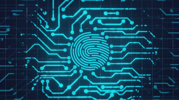 Güvenlik sistemine erişim için 3D render parmak izi taraması internet bankacılığı, bulutlar ve cep telefonunu içeriyor. Fütürist parmak izi. Devre güvenliği tarzı. Biyometrik veri güvenliği. Dijital tanımlama.