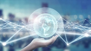 3D küresel iletişim ağı kavramını oluşturur. Dijital gezegen ile küresel bağlantı kavramı, ağ bağlantısı, uluslararası anlam, ağ teknolojileri ve sosyal etkileşim