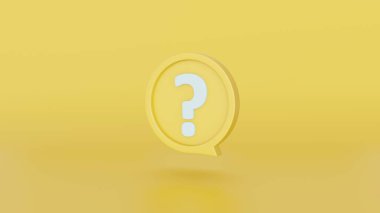 SSS için sarı arkaplan üzerinde sarı konuşma baloncuğu içinde simge beyaz sorular işaretli ve soru ve cevap zamanı 3d görüntüleme