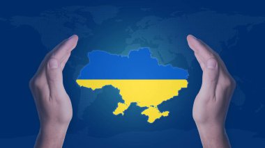 Ukrayna 'yı kurtar. Rusya ile savaşta Ukrayna 'ya destek. Eller Ukrayna 'yı Ukrayna sınırları şeklinde korur. 3d illüstrasyon