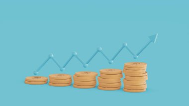 Finansal çöküş konsepti ve para azalması. Bozuk para yığınlarına ok atın. 3d hazırlayıcı