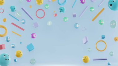 Rengarenk gülen ikonların ve geometrinin patlaması kameraya doğru uçuyor. Emoji ve simgeler siyah arkaplan ve alfa kanalında izole edildi.