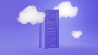 3D görüntüleme, beyaz kabarık bulutlar geçiyor, dışarı uçuyor, açık kapı, mavi arka planda izole nesneler. Soyut metafora açılan kapı, modern asgari konsept. Gerçeküstü rüya sahnesi