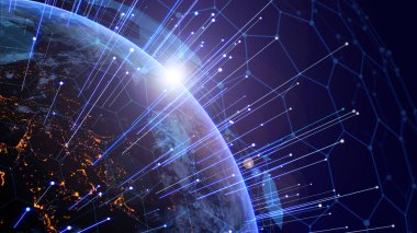 Uzaydan ABD 'nin Dünya Dünyası' nda bir iletişim ağı ve altıgen nokta örtüsü var. NASA uzay yörüngesi 3D görüntüleyici