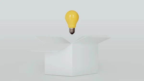 Yellow lightbulb inside of open white box between two close boxes on blue background for creative thinking idea concept by 3d render.