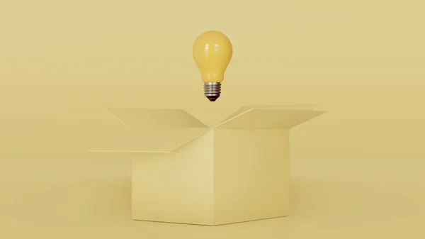 在明亮的浅黄色盒子中 蓝色背景上的两个密闭盒子之间有一个黄色灯泡 通过3D渲染创意思维的概念 — 图库照片