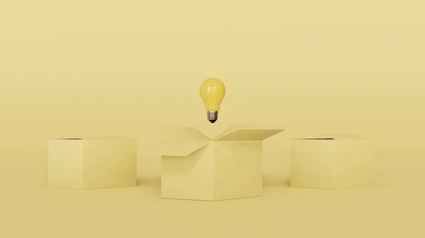 Yellow lightbulb inside of open light yellow box between two close boxes on blue background for creative thinking idea concept by 3d render.