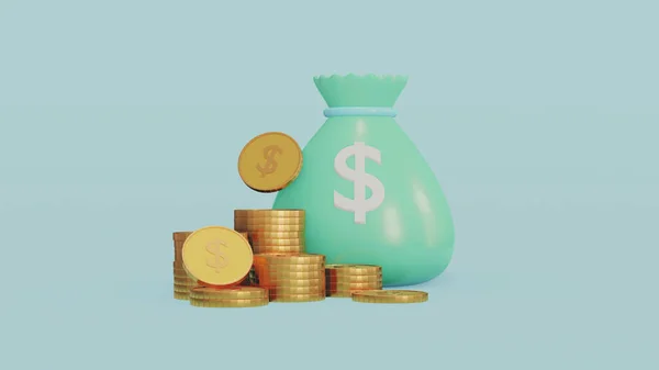 3Dレンダリングイラストによる金融貯蓄 配当と預金の概念のための黄金のコインスタッキング付きグリーンドルマネーバッグの大きなお金 — ストック写真