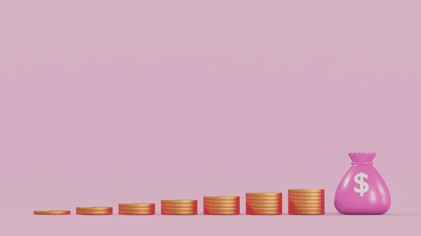 Grande Dinheiro Saco Dinheiro Dólar Rosa Com Empilhamento Moeda Ouro — Fotografia de Stock