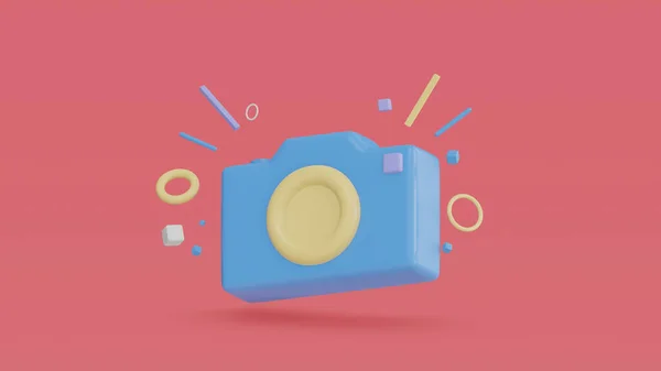 Minimale Concept Fotocamera Met Lens Knop Deeltjesgeometrie Rode Pastelachtergrond Renderen — Stockfoto